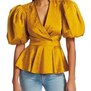 Johanna Ortiz Mustard Puff Sleeve Wrap Blouse